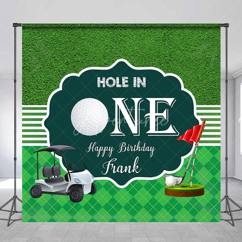 Aperturee - Aperturee Custom Green Golf Hole in One Happy Birthday Backdrop with Golf Cart and Red Flag Sports Theme Party Decor