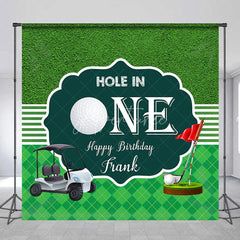 Aperturee - Aperturee Custom Green Golf Hole in One Happy Birthday Backdrop with Golf Cart and Red Flag Sports Theme Party Decor