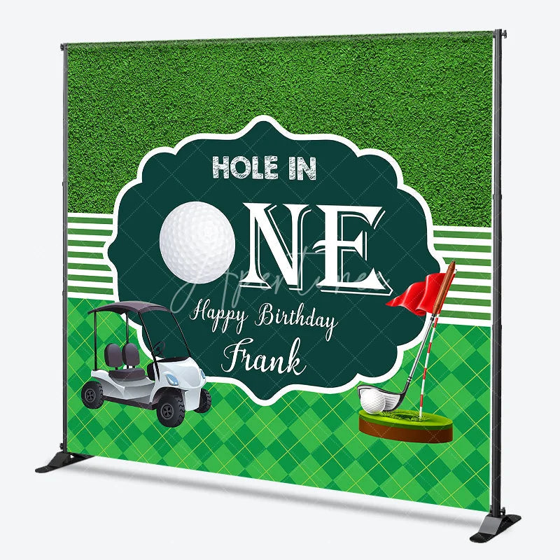 Aperturee - Aperturee Custom Green Golf Hole in One Happy Birthday Backdrop with Golf Cart and Red Flag Sports Theme Party Decor