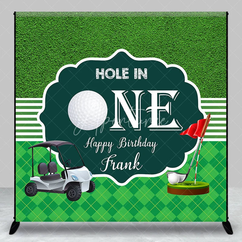 Aperturee - Aperturee Custom Green Golf Hole in One Happy Birthday Backdrop with Golf Cart and Red Flag Sports Theme Party Decor