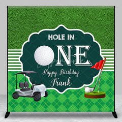 Aperturee - Aperturee Custom Green Golf Hole in One Happy Birthday Backdrop with Golf Cart and Red Flag Sports Theme Party Decor