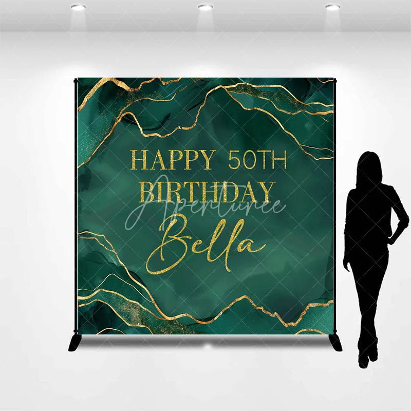 Aperturee - Aperturee Custom Happy 50th Birthday Emerald Green Gold Glitter Marble Backdrop Personalized Party Decor