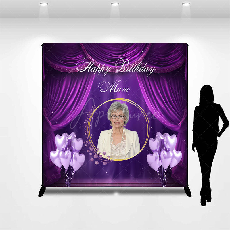 Aperturee Aperturee Custom Happy Birthday Mum Photo Backdrop Elegant Purple Drapes and Balloons Personalized Gift for Mom Decor
