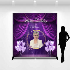 Aperturee Aperturee Custom Happy Birthday Mum Photo Backdrop Elegant Purple Drapes and Balloons Personalized Gift for Mom Decor