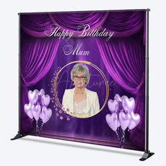 Aperturee Aperturee Custom Happy Birthday Mum Photo Backdrop Elegant Purple Drapes and Balloons Personalized Gift for Mom Decor