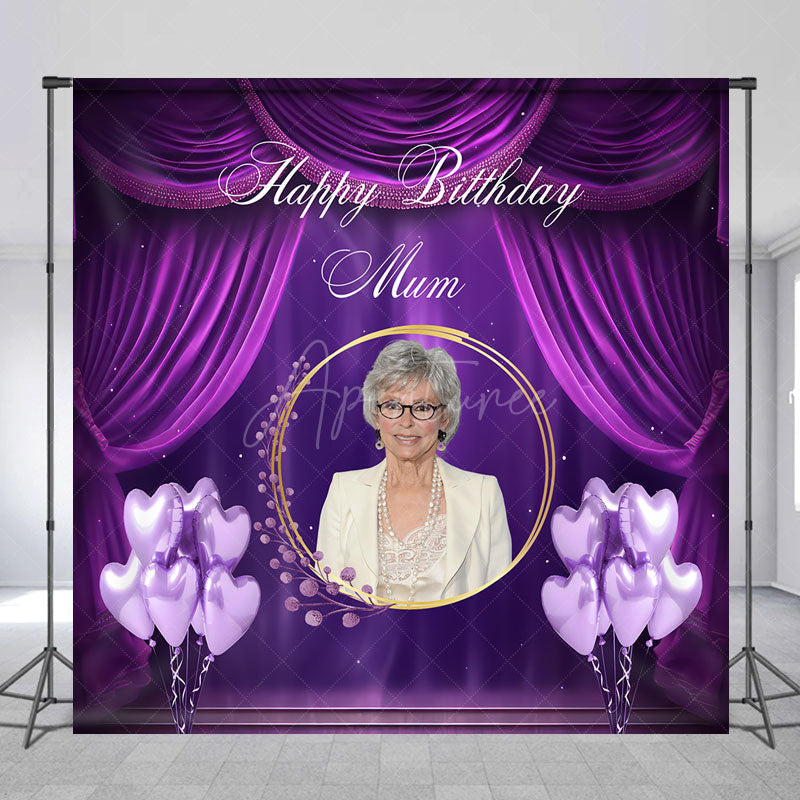 Aperturee Aperturee Custom Happy Birthday Mum Photo Backdrop Elegant Purple Drapes and Balloons Personalized Gift for Mom Decor
