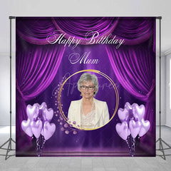 Aperturee Aperturee Custom Happy Birthday Mum Photo Backdrop Elegant Purple Drapes and Balloons Personalized Gift for Mom Decor