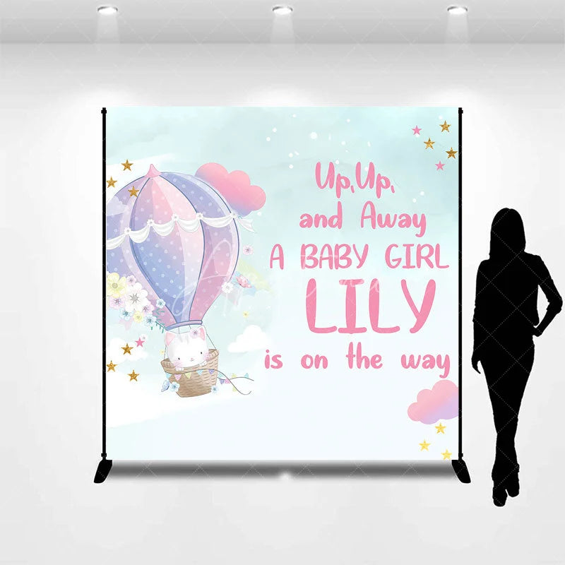 Aperturee - Aperturee Custom Hot Air Balloon and Cute Cat Baby Shower Backdrop Personalized Girl Birthday Party Decor