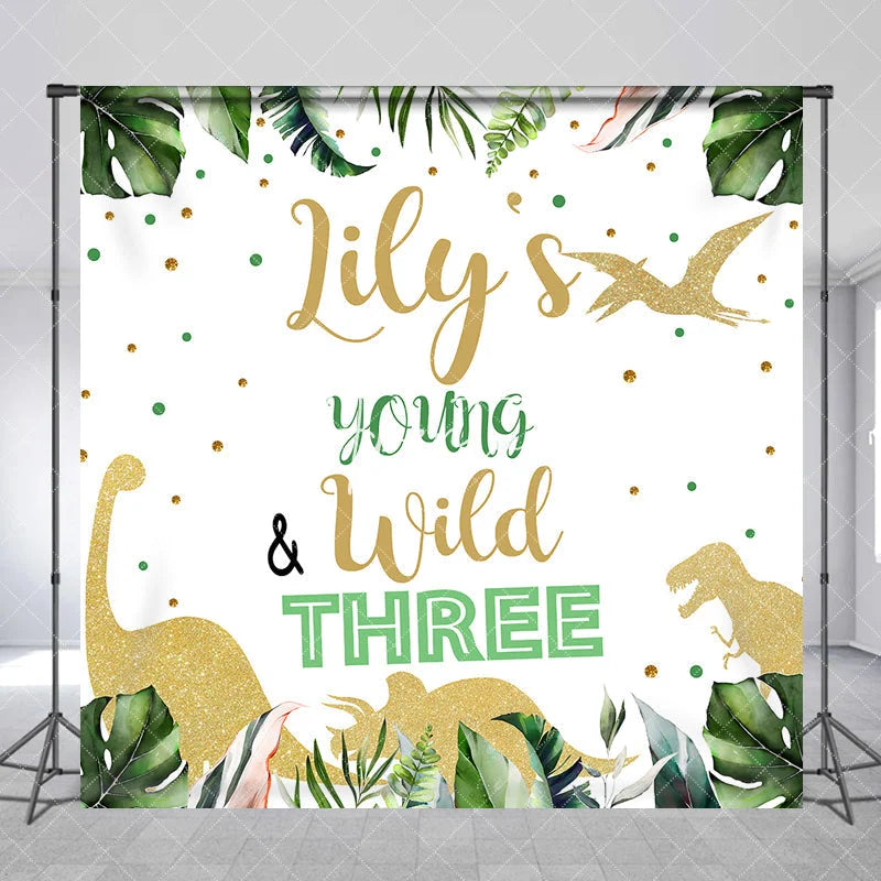 Aperturee - Aperturee Custom Jungle Dinosaur Young and Wild Three Birthday Backdrop Personalized Green Tropical Leaves Glitter Party Decor