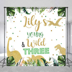 Aperturee - Aperturee Custom Jungle Dinosaur Young and Wild Three Birthday Backdrop Personalized Green Tropical Leaves Glitter Party Decor