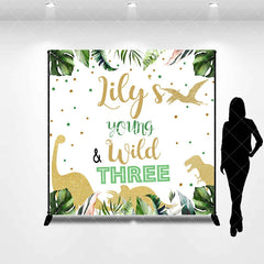 Aperturee - Aperturee Custom Jungle Dinosaur Young and Wild Three Birthday Backdrop Personalized Green Tropical Leaves Glitter Party Decor