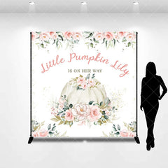 Aperturee - Aperturee Custom Little Pumpkin Baby Shower Backdrop Pink Floral Eucalyptus Gold Glitter Personalized Design