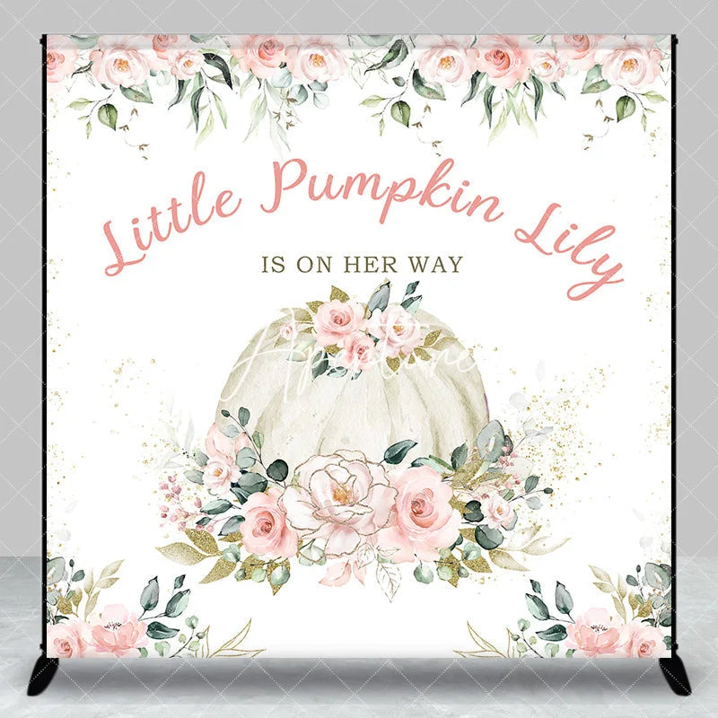 Aperturee - Aperturee Custom Little Pumpkin Baby Shower Backdrop Pink Floral Eucalyptus Gold Glitter Personalized Design