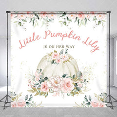 Aperturee - Aperturee Custom Little Pumpkin Baby Shower Backdrop Pink Floral Eucalyptus Gold Glitter Personalized Design