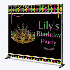 Aperturee - Aperturee Custom Mardi Gras Masquerade Mask Birthday Party Backdrop Personalized Green Purple and Gold Feather Design