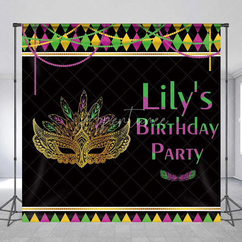 Aperturee - Aperturee Custom Mardi Gras Masquerade Mask Birthday Party Backdrop Personalized Green Purple and Gold Feather Design