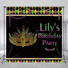 Aperturee - Aperturee Custom Mardi Gras Masquerade Mask Birthday Party Backdrop Personalized Green Purple and Gold Feather Design