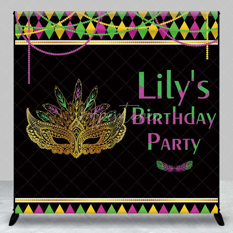 Aperturee - Aperturee Custom Mardi Gras Masquerade Mask Birthday Party Backdrop Personalized Green Purple and Gold Feather Design