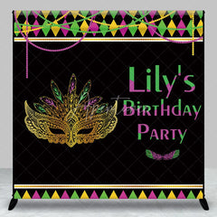 Aperturee - Aperturee Custom Mardi Gras Masquerade Mask Birthday Party Backdrop Personalized Green Purple and Gold Feather Design
