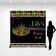 Aperturee - Aperturee Custom Mardi Gras Masquerade Mask Birthday Party Backdrop Personalized Green Purple and Gold Feather Design
