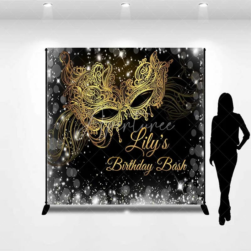 Aperturee - Aperturee Custom Masquerade Birthday Backdrop Black Gold Mask Photography Background