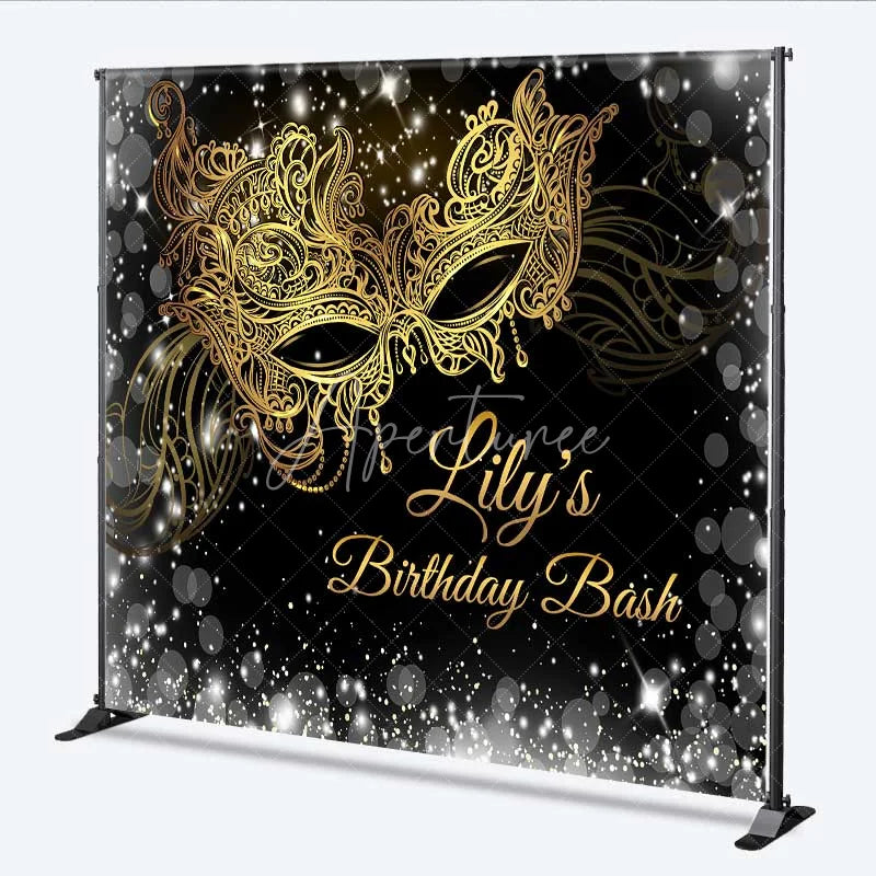 Aperturee - Aperturee Custom Masquerade Birthday Backdrop Black Gold Mask Photography Background