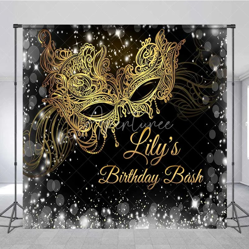 Aperturee - Aperturee Custom Masquerade Birthday Backdrop Black Gold Mask Photography Background