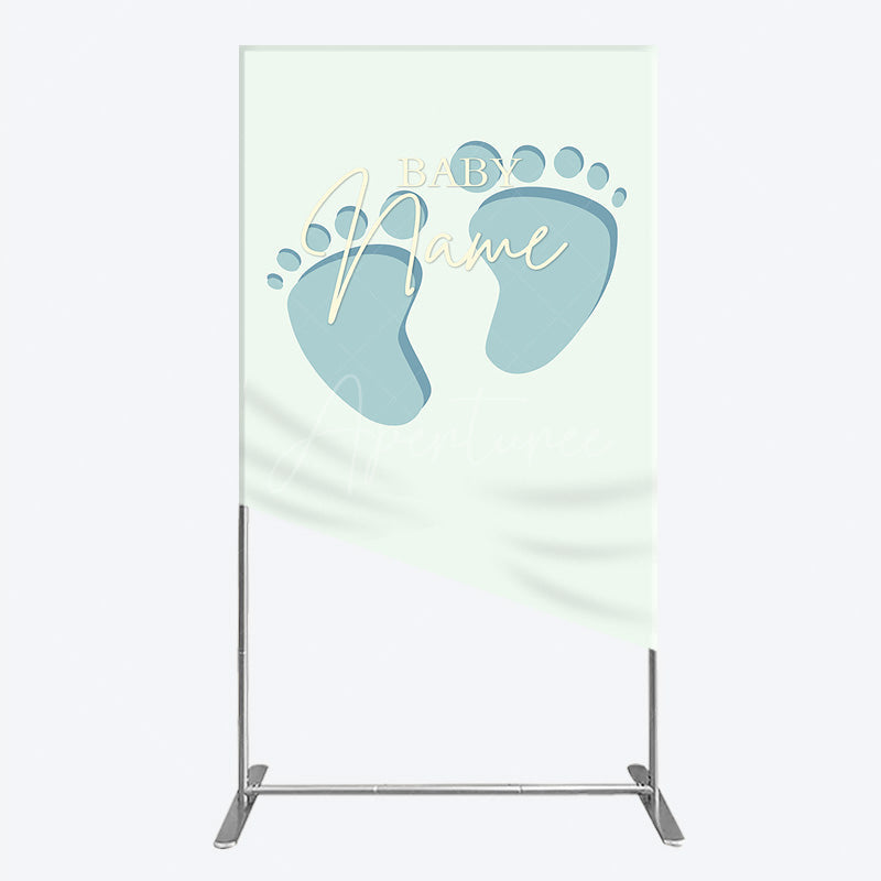 Aperturee Aperturee Custom Name Baby Feet Rectangle Backdrop Personalized Blue Footprints Sign Minimalist Baby Shower Welcome Decor