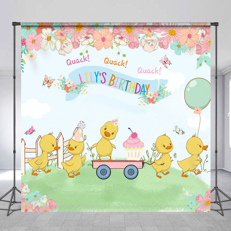 Aperturee Aperturee Custom Name Happy Birthday Backdrop Cute Duck and Floral Garden Party Personalized Spring Themed Photo Prop