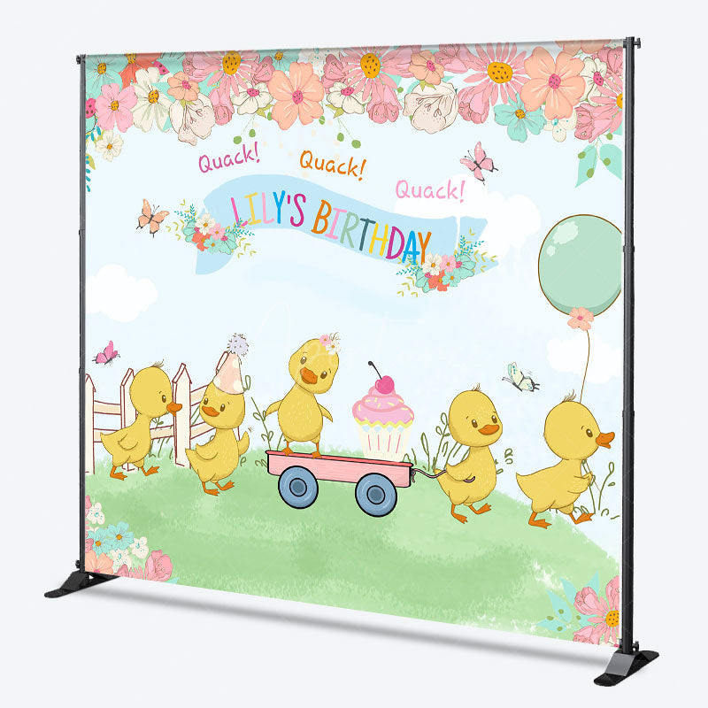 Aperturee Aperturee Custom Name Happy Birthday Backdrop Cute Duck and Floral Garden Party Personalized Spring Themed Photo Prop