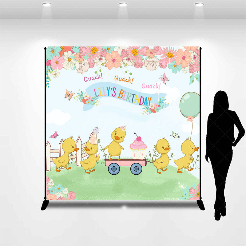 Aperturee Aperturee Custom Name Happy Birthday Backdrop Cute Duck and Floral Garden Party Personalized Spring Themed Photo Prop
