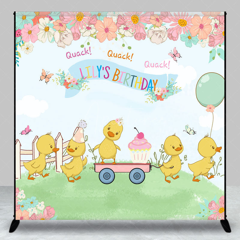 Aperturee Aperturee Custom Name Happy Birthday Backdrop Cute Duck and Floral Garden Party Personalized Spring Themed Photo Prop