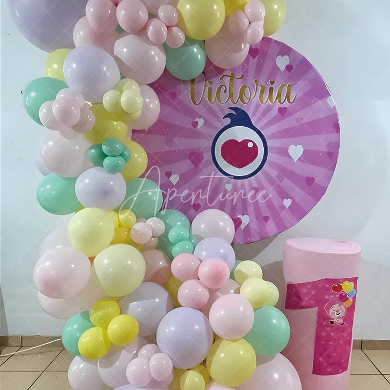 Aperturee - Aperturee Custom Name Pink Hearts Round Backdrop Personalized Birthday Party Banner Girls Love Theme Photo Prop Decor