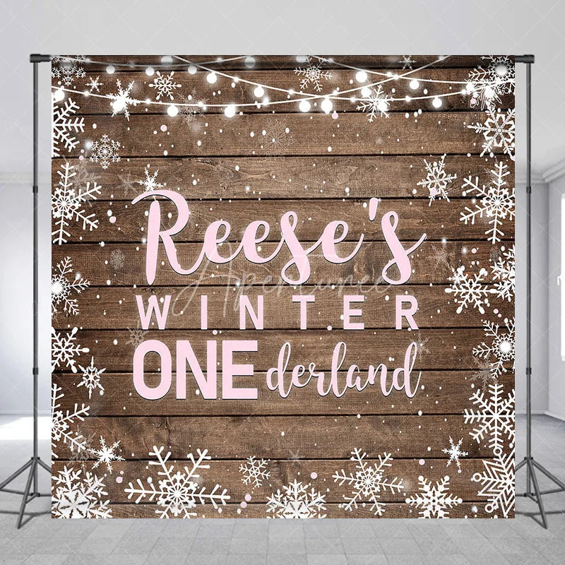 Aperturee - Aperturee Custom Name Winter ONE derland First Birthday Custom Backdrop Rustic Wooden Snowflakes and String Lights Decor
