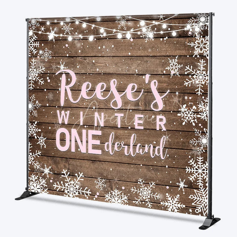 Aperturee - Aperturee Custom Name Winter ONE derland First Birthday Custom Backdrop Rustic Wooden Snowflakes and String Lights Decor