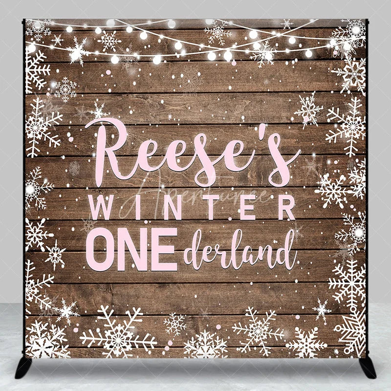 Aperturee - Aperturee Custom Name Winter ONE derland First Birthday Custom Backdrop Rustic Wooden Snowflakes and String Lights Decor