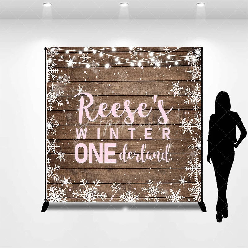 Aperturee - Aperturee Custom Name Winter ONE derland First Birthday Custom Backdrop Rustic Wooden Snowflakes and String Lights Decor