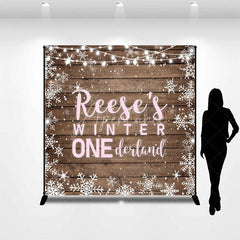 Aperturee - Aperturee Custom Name Winter ONE derland First Birthday Custom Backdrop Rustic Wooden Snowflakes and String Lights Decor