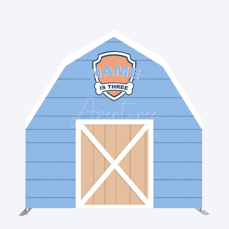 Aperturee - Aperturee Custom Name Wooden Blue Farm Barn Door Arch Backdrop