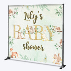 Aperturee - Aperturee Custom Name Woodland Animals Baby Shower Custom Backdrop Green Leaves and Gold Glitter Decor