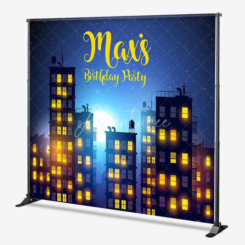 Aperturee - Aperturee Custom Night City Skyline Birthday Party Backdrop with Full Moon and Stars Personalized Urban Theme Decor