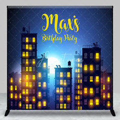 Aperturee - Aperturee Custom Night City Skyline Birthday Party Backdrop with Full Moon and Stars Personalized Urban Theme Decor