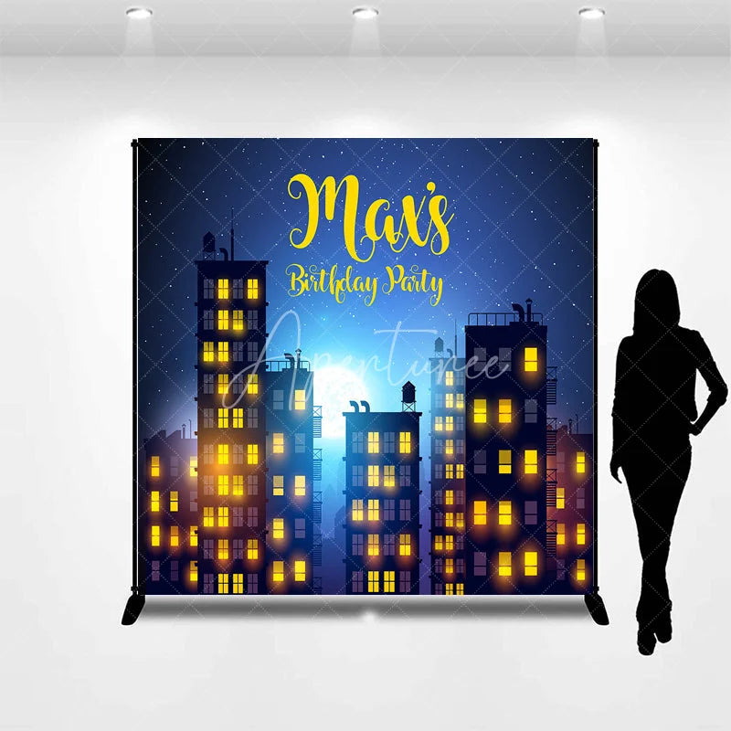 Aperturee - Aperturee Custom Night City Skyline Birthday Party Backdrop with Full Moon and Stars Personalized Urban Theme Decor
