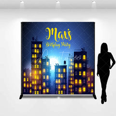 Aperturee - Aperturee Custom Night City Skyline Birthday Party Backdrop with Full Moon and Stars Personalized Urban Theme Decor