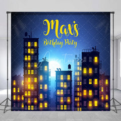 Aperturee - Aperturee Custom Night City Skyline Birthday Party Backdrop with Full Moon and Stars Personalized Urban Theme Decor
