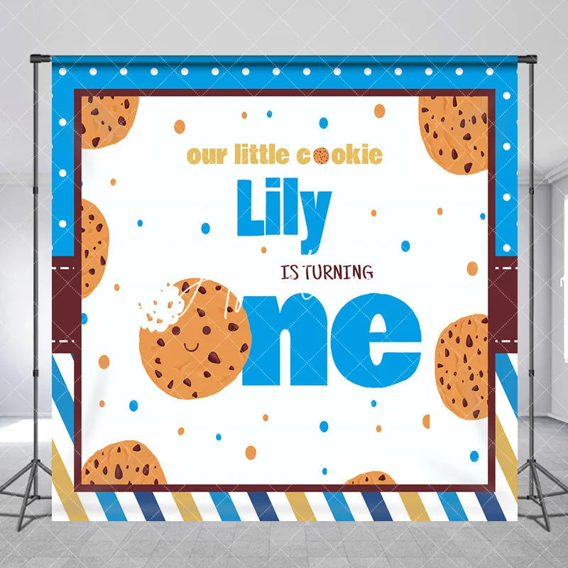 Aperturee - Aperturee Custom Our Little Cookie First Birthday Backdrop Personalized Blue and Brown Stripes Polka Dots Party Decor