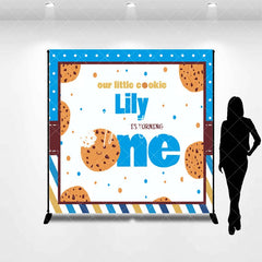 Aperturee - Aperturee Custom Our Little Cookie First Birthday Backdrop Personalized Blue and Brown Stripes Polka Dots Party Decor