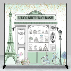 Aperturee - Aperturee Custom Parisian Storefront Birthday Backdrop Sweet Treats and Gold Glitter Party Decor
