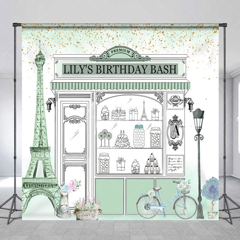 Aperturee - Aperturee Custom Parisian Storefront Birthday Backdrop Sweet Treats and Gold Glitter Party Decor