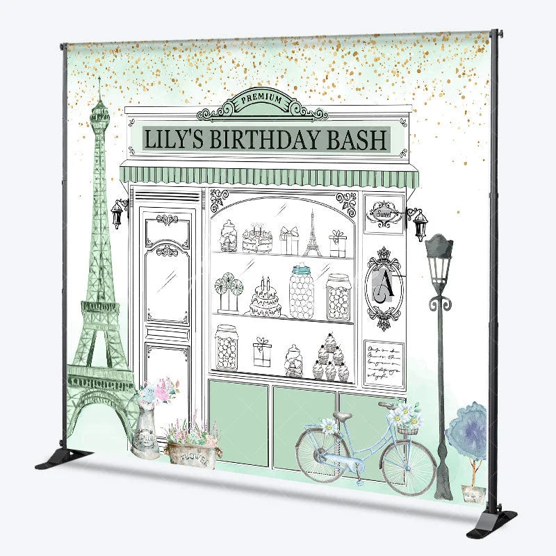 Aperturee - Aperturee Custom Parisian Storefront Birthday Backdrop Sweet Treats and Gold Glitter Party Decor